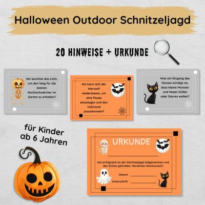 Halloween Outdoor Schnitzeljagd mit 20 Hinweisen & Urkunde, Halloweenparty Spielidee