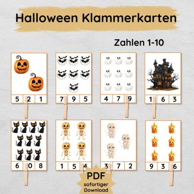 Halloween Klammerkarten für Kinder, Zahlen lernen und Zählen üben von 1 bis 10