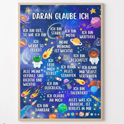 Weltraum Affirmationsposter Kinderzimmer – Positive Glaubenssätze, Planeten & Astronauten, Geschenk für Kinder