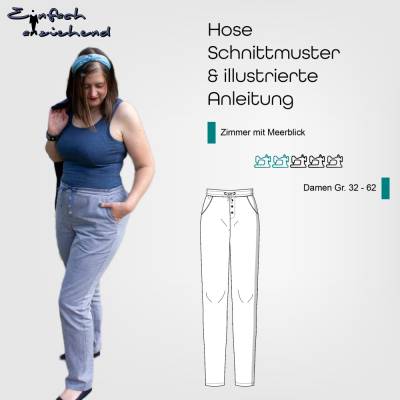 PDF Schnittmuster Damen Hose Größe 32 - 62 mit 2 Beinweiten aus Webware, mit Taschen und Gummibund