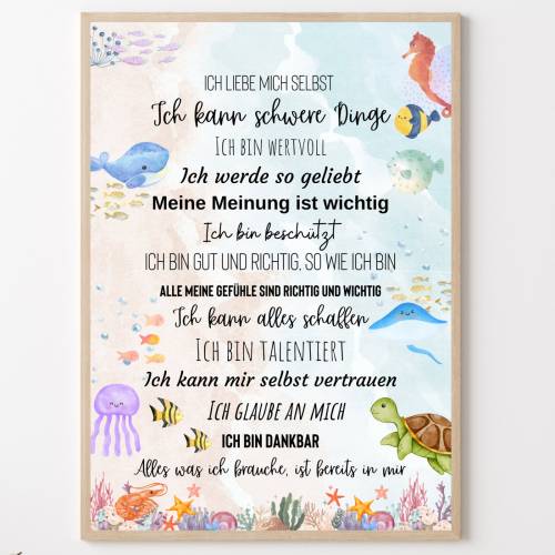 Affirmationsposter Kinderzimmer Unterwasserwelt – Positive Glaubenssätze & Meeresmotive, 3 Größen, Digital & Print