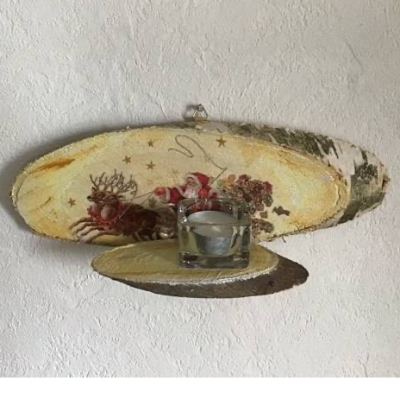 Teelichthalter Holz  Wandhalter  Inkl Teelichtglas - Weihnachtsmann mit Schlitten