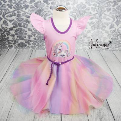 Tüll Drehkleid - Kleid mit Drehrock und Glitzer Tüll Regenbogen Einhorn  #Einschulung