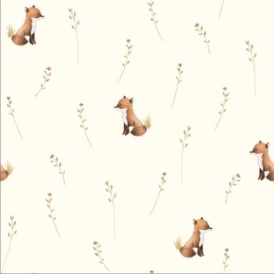 BAUMWOLLE JERSEY GOTS STOFF DIGITAL BEDRUCKT FÜCHSE WOLLWEISS