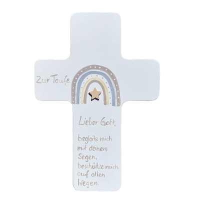 Personalisiertes Holzkreuz mit Regenbogen – Geschenk zur Taufe, Geburt, Kommunion