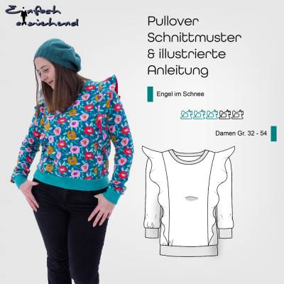 PDF Schnittmuster Damen Pullover Größe 32-54 verspielt mit Rüsche, Volant oder Keil, deutsche Nähanleitung