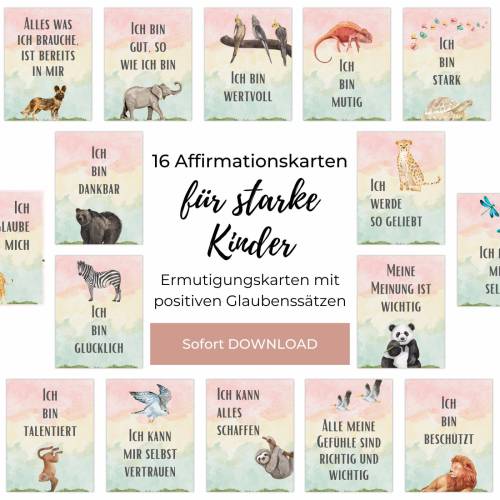 Druckdatei mit Affirmationskarten für Kinder, Achtsamkeitskarten Wildtiere PDF Datei mit positiven Affirmationen