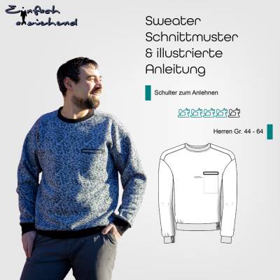 PDF Schnittmuster Herren Sweater | Pullover Größe 44-64 mit Brusttasche, besonderem Rundhalsausschnitt, lässiger Schnitt