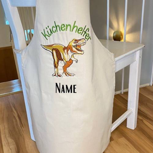 personalisierte Kinderschürze, Dino Fan, bestickt