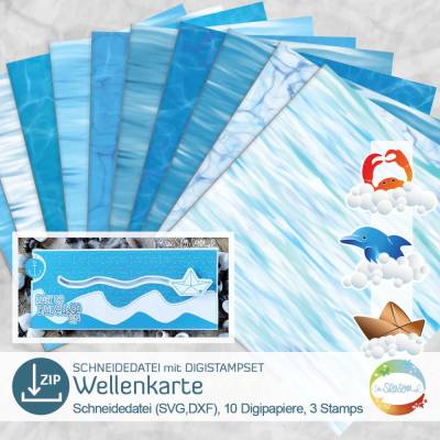Wellenkarte Schneidedatei, plus Digistampset aus 10 Digipapieren für maritime Grüße, Digistamp Delfin, Papierboot, Krebs