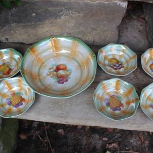 7 tlg Set Schüssel + Dessertschalen Obstdekor Spritzdekor Porzellan 30er 40er Jahre Bild 1