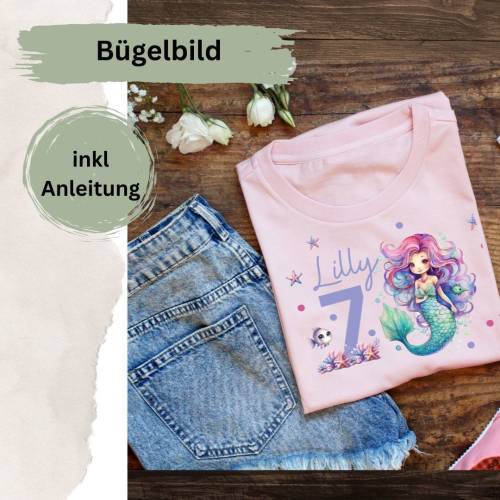Bügelbild für Geburtstags T-shirt  Meerjungfrau Lila  mit Namen Zahl