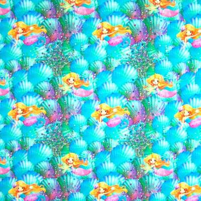 Jersey mit Nixen Unterwasser Meerjungfrauen Muscheln 50x 150 cm Nähen Stoff Nixe ♕