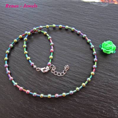 Edelsteinkette kurz Hämatit Regenbogen silberfarben Magnet Perlen Röhrchen – 46 cm Kette mit Karabiner