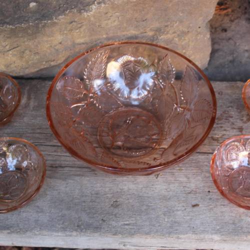 5 tlg. Schüssel Dessertschalen Set Rosalinglas Rose Ankerglas Bernsdorf 50er Jahre DDR