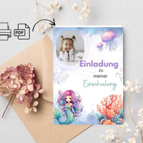 Einschulung Einladungskarte Personalisierbar mit Namen und Foto Meerjungfrau