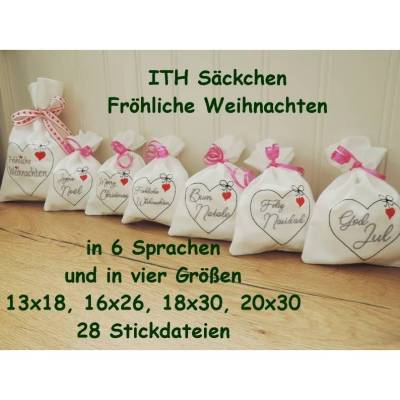 Stickdatei ITH Säckchen Fröhliche Weihnachten in 6 Sprachen und vier Größen Advent Nikolaus Geschenk 