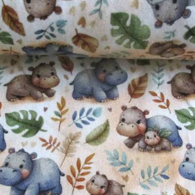 Baumwolljersey Nilpferd mit Baby weiß Oeko-Tex Standard 100(1m/14,-€)