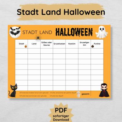 Stadt Land Halloween Spielvorlage zum Ausdrucken, ideal für die Halloween Party