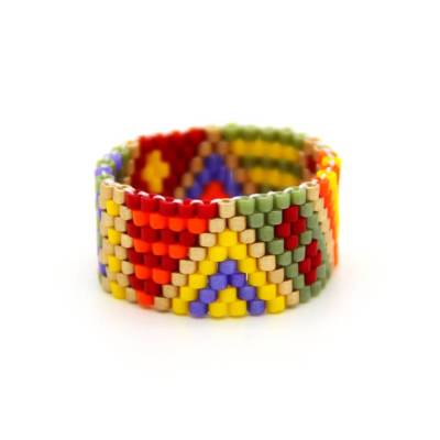 Delica-Glasperlen-Ring in Kunterbunt und Goldnuance, gewebter breiter Bandring, Peyote, flexibler Perlenring, Ethnostyle