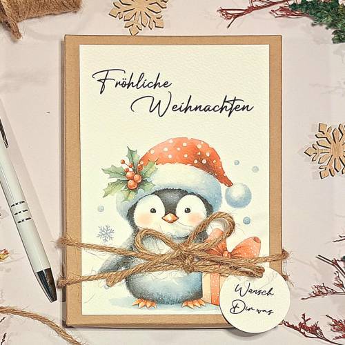 Personalisiertes Geldgeschenk Weihnachten – Pinguin Geschenkbox mit Karte & Leinensäckchen