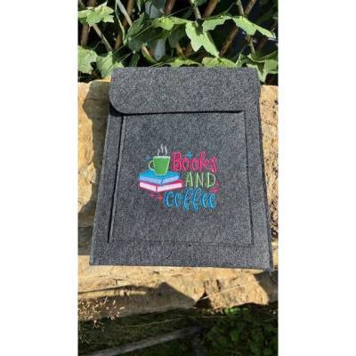 Sehr schöne bestickte Büchertasche Tablett Tasche Filz dunkelgrau Buch Bücher Kaffee