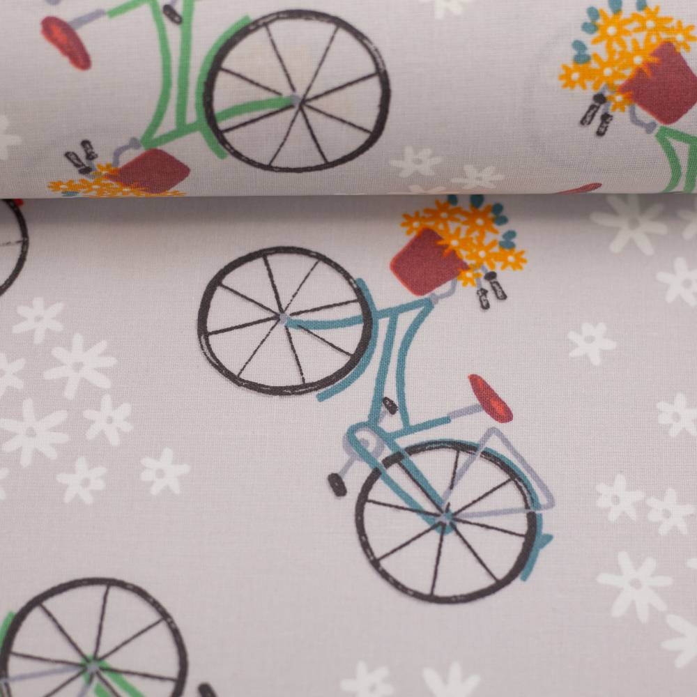 ♕ Baumwollstoff beschichtet mit Fahrrad hellgrau 25 cm x 150 cm