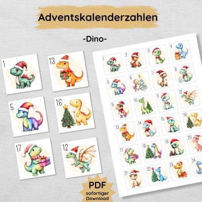 Dino Adventskalenderzahlen für Kinder zum Ausdrucken, Dinosaurier Zahlenkärtchen Adventskalender 