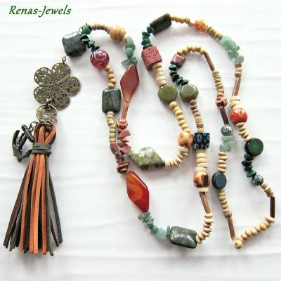 Bettelkette Edelsteinkette in Braun-Grün mit Achat, Jade, Lava & Quaste – Handgefertigte Unikat Perlenkette