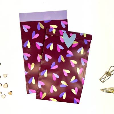 Geschenktüten DOUBLE HEARTS LILA 5-50 Stück 12x19 cm  Flachbeutel für A6 Karten geburtstagstüten