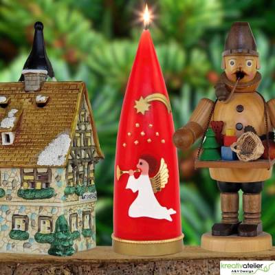 Personalisierbare rote Weihnachtskerze in Kegelform mit Engel & Stern – Deko für Advent & Weihnachten