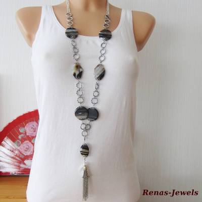 Exklusive Onyx Edelsteinkette mit Quaste – Bettelkette in Braun, Weiß & Beige gestreift, Silberfarben, Unikat