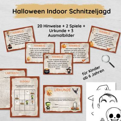 Halloween Indoor Schnitzeljagd Set für Kinder ab 6 Jahren mit 20 Hinweisen, Urkunde, Spielen & Ausmalbildern