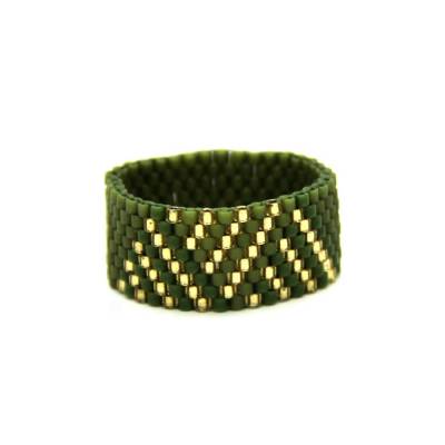 Miyuki-Delica-Glasperlen-Bandring in Olivgrün und Gold, Peyote-Stitch, flexibler Perlenring, geometrisches Muster
