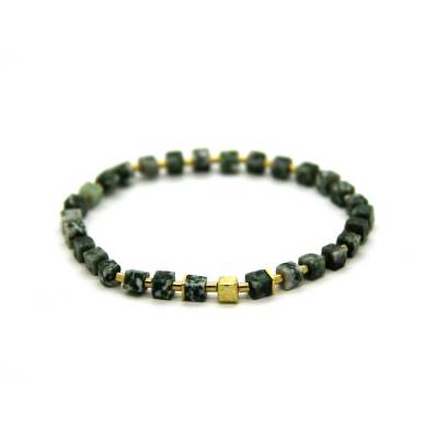 Baumachat-Würfel-Armband (eleastisch) in Grün und Weiß marmoriert, mit vergoldeten Silber-Elementen, Edelsteinschmuck