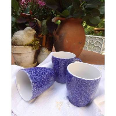 3 Becher Tassen Kakaobecher Blau Keramik Landhaus Cottage