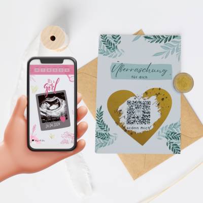 Personalisierte Rubellkarte für Schwangerschaft verkünden | Its a girl | QrCode Rubbellos
