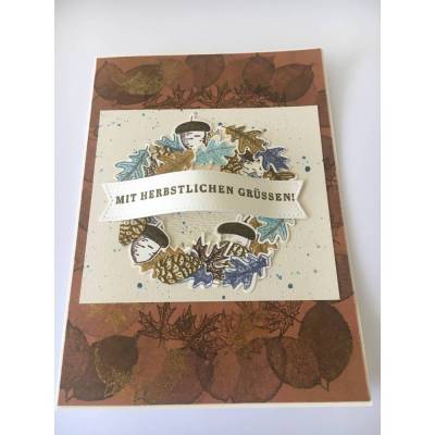 Herbstliche Klappkarte für viele Anlässe geeignet Unikat Herbst Karte, Beige,Blau Braun