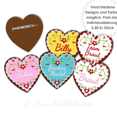 Anstecker personalisiert Lebkuchenherz Junggesellenabschied JGA Braut Team individualisiert mit Namen Oktoberfest