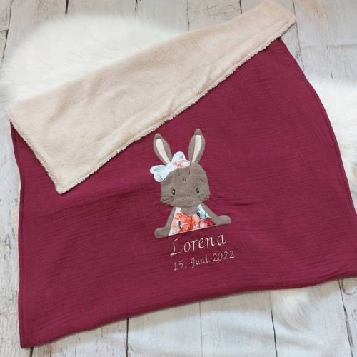 Babydecke Hase, personalisiert, 70x100cm, Musselin/Baumwollfleece