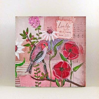 FLOWERS -7- Wandbild Gemälde Vogel Blumen auf Holz Leinwandbild Kunstdruck, Wanddeko im MixedMedia Landhausstil handmade