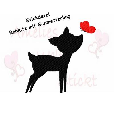 Stickdatei Rehkitz mit Schmetterling Silhouette Füllstich. Ab dem 10cm x 10cm Rahmen