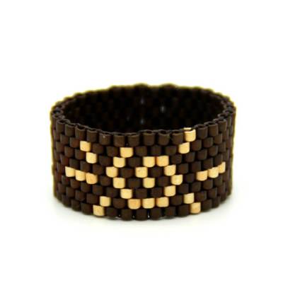 Miyuki-Delica-Glasperlen-Ring in mattem Dunkelbraun und Gold, gewebter breiter Bandring, Peyote, flexibler Perlenring