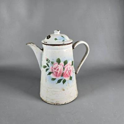 Große shabby Emaille Kanne mit Deckel - Rosenmotiv - wohl Frankreich