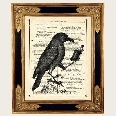 Rabe Buch Kunstdruck Krähe Gothic Halloween Dark Academia - Steampunk Druck auf antiker viktorianischer Buchseite