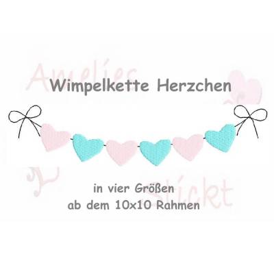 Stickdatei Herz Wimpelkette in vier größen ab dem 10cm x 10cm rahmen wimpel