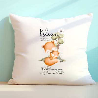 Kissen-Bezug personalisiert Geschenk Geburt Taufe Kissenhülle Name Geburtsdatum Baby Kinder  Deko-Kissen  40x40cm
