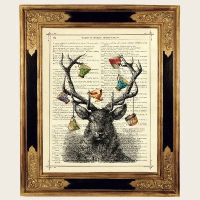 Hirsch Hannibal Druck gesprungene Teetassen Geweih Reh Collage - Dark Academia Kunstdruck auf viktorianischer Buchseite