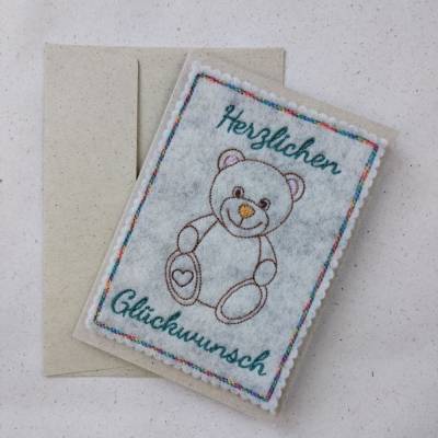 Wollfilz meets Graspapier - Grußkarte mit Teddy 