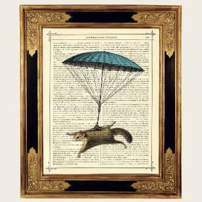 Fliegendes Eichhörnchen Bild Druck blauer Fallschirm Steampunk - Kunstdruck auf antiker viktorianischer Buchseite Kinder